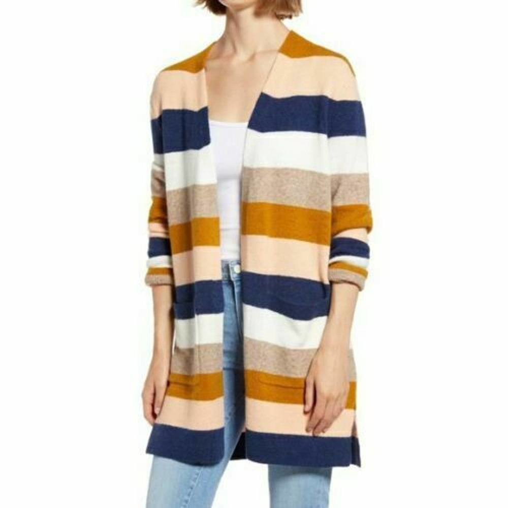 MADEWELL Striped Kent Open Front Knit Cardigan Pockets Multicolor Womens Large - Picture 1 of 5